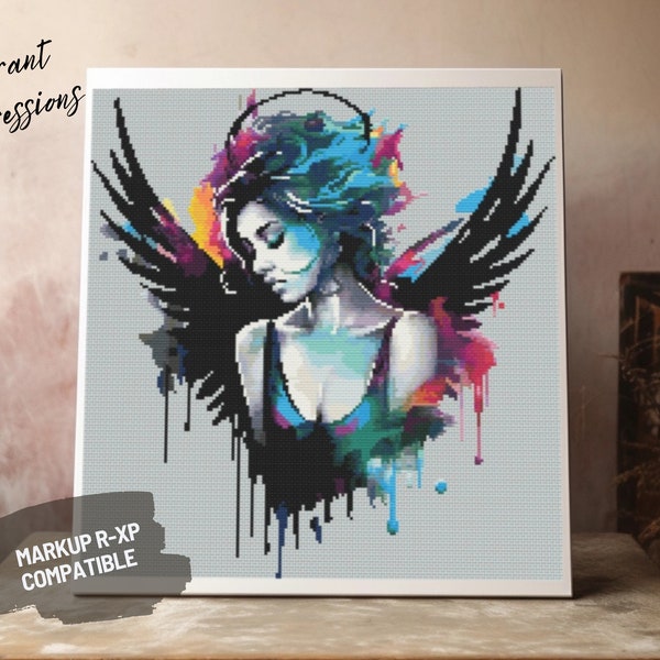 Graffiti Art Angel Wings, Counted Cross Stitch Pattern - Instant Download PDF, Vibrant Wall Art for Unique Home Decor & Gifts