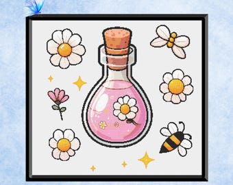 Trank Flasche Kreuzstich Muster - Sofort PDF Download - Rosa Flasche - Blumen und Hummeln - Floral