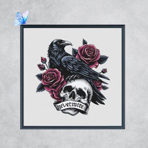 Raven Cross Stitch Pattern - Instant PDF Download - Gothic Decor - Edgar Allan Poe - Dark Romance - Skull & Roses Needlework