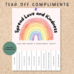 Afdrukbare verspreiding van liefde en vriendelijkheid Afscheurflyer, willekeurige daden van vriendelijkheid, afscheurcomplimenten, aanmoedigingskaarten, klasdecor