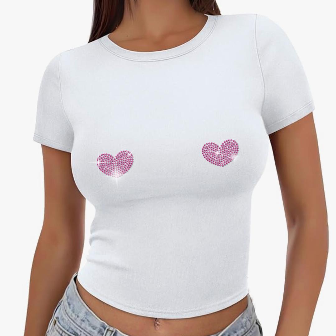 Heart Nips Rhinestoned Shirt, Y2K Baby Doll Tee, Baby Doll Tee Y2K, Rhinestoned, Made To Order, Customizable Bling Shirt, Hearts