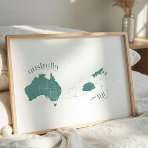Mapa con corazón de FIJI a AUSTRALIA para imprimir, Sage / Recuerdo / Impresión de mapas / Arte de pared / Regalos de Fiji / Impresión digital / Islas Fiji