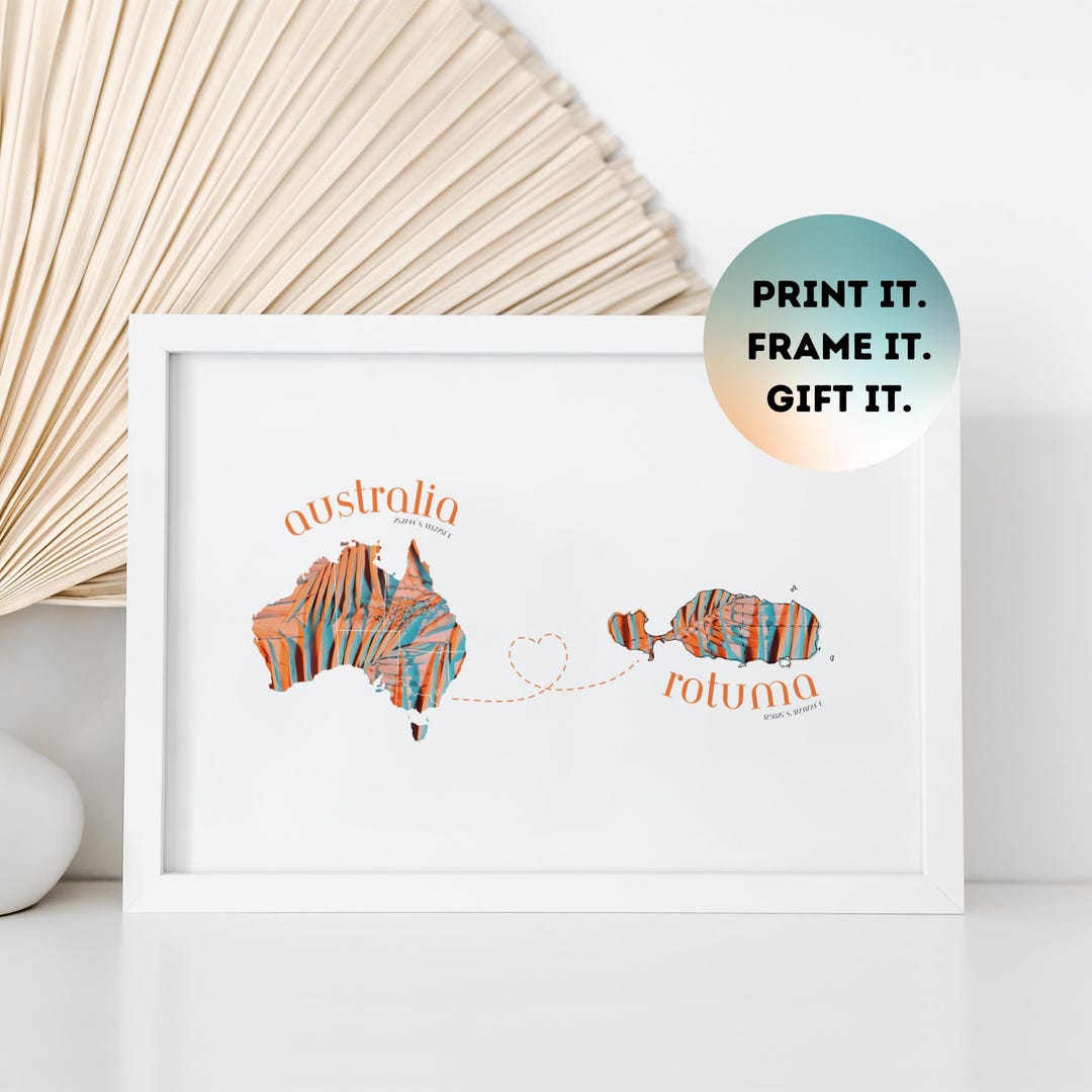 Rotuma to Australia Map With Heart Print | Sunset Peach (digital ...