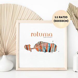 May include: A framed print of Rotuma island, with a map in orange, blue, and pink. The word "rotuma" is in orange above the map. The print is 50x50cm.