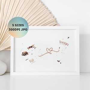 May include: A framed print showing a map of Fiji and Tonga, with a heart-shaped design. The print is in a white frame and includes the text "5 SIZES 300DPI JPG" in a circular design. The map is in shades of brown and the background is white.