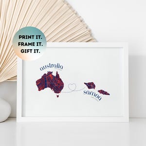May include: White framed print featuring a map of Australia and Samoa with a decorative pattern in red and blue. The text "australia" and "samoa" are above the map outlines. The print also includes the text "PRINT IT. FRAME IT. GIFT IT."