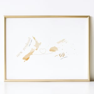 Mapa con corazón de FIJI a NUEVA ZELANDA, acuarela beige arena / Recuerdo / Mapa imprimible / Arte de pared / Regalos de Fiji / Decoración del hogar / Impresiones digitales