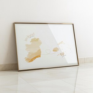 Mapa con corazón de FIJI a IRLANDA, acuarela beige arena / recuerdo / mapa imprimible / arte de pared / regalos de Fiji / Pasifika / impresión digital