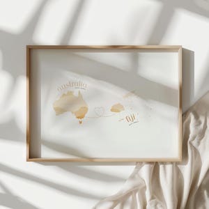 Mapa con corazón de FIJI a AUSTRALIA, acuarela beige arena / recuerdo / impresión de mapa / arte de pared / regalos de Fiji / decoración del hogar / impresiones digitales