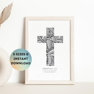 May include: A framed print featuring a black and white cross with intricate tribal patterns. The print includes the text "Philippians 4:13" and "I can do all this through him who gives me strength." A circular graphic states "5 sizes & instant download."