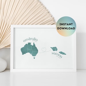 Samoa to Australia Map with Heart Poster, Sage | Samoa Map | Samoa Home | Samoa Gifts | Samoa Wedding | Samoa Nursery