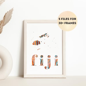 May include: A framed art print featuring the word "Fiji" in a colorful, patterned font. The artwork includes a map of Fiji in shades of orange, blue, and brown. The text "5 FILES FOR 30+ FRAMES" is in a light circle.