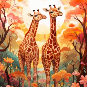 May include: Two giraffes stand in a colorful forest with a bright sun shining in the background. The giraffes are brown and orange with a pattern of spots. The forest is filled with green and orange trees and pink flowers.