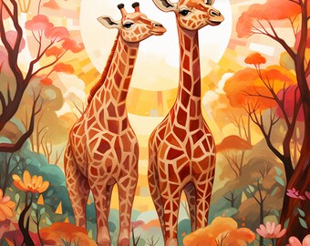A Perfect Pair | Giraffes Walking In The Jungle | Kids Playroom Art | Digital Download