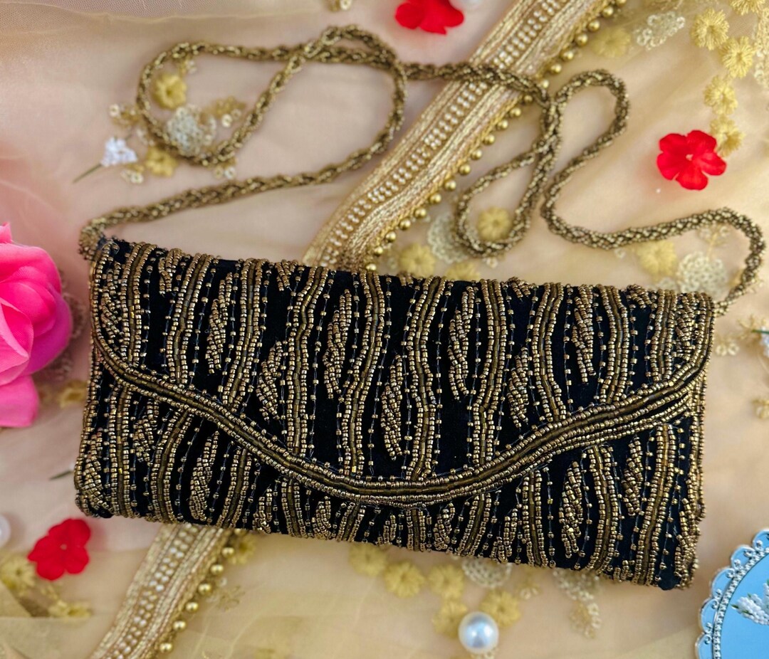 Beaded Silver and Fawn Clutch Bag