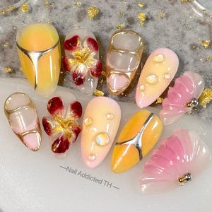 3D Flower Press On Nails: Yellow Pink Ombre, Handmade Nail Set