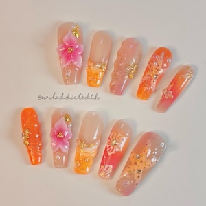 Tropical Sunset Ombre Press On Nails with 3D Flowers, Glitter and Gold Accents