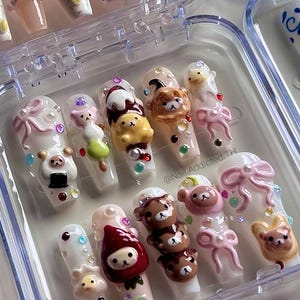 Kawaii Bear Press On Nails: 3D Cartoon Japanese Style