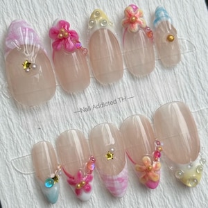 3D Colorful Flower Press On Nails Almond fake nail for summer vibe