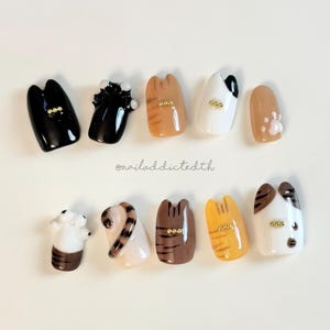 Cute Cat Press On Nails with Kitty Ears, Paw Prints, 3D Cat Paw Design, Stripes and Cartoon Style