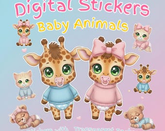 Baby Animals PNG Stickers Bundle, Baby Shower Clipart, Nursery Decor, Cute Baby Animals, Pastel Baby PNG, Digital Stickers, 16 PNG