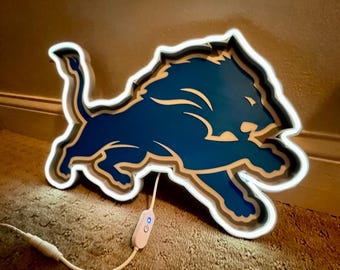 Letrero de neón LED de los Detroit Lions: decoración de pared de fútbol azul y plateado, iluminación para sala de juegos