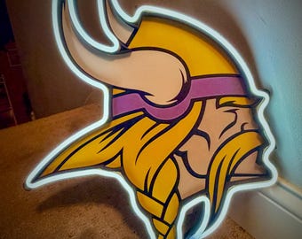 Letrero de neón LED con la cabeza de los Minnesota Vikings – Decoración de pared morada/amarilla – Luz para sala de juegos – Regalo para aficionados al deporte
