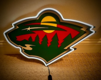 Letrero de neón LED de Minnesota Wild: decoración de pared de hockey verde y rojo, iluminación para sala de juegos