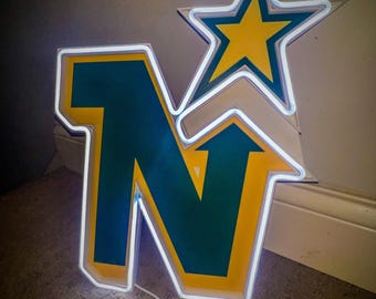 Letrero de neón LED de Minnesota North Stars: decoración de pared de hockey verde y dorado, iluminación para sala de juegos