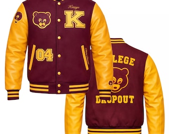 Maroon & Yellow Varsity Jacket • Wool and Leather Sleeve Bomber • Unisex College Style Kanye West  Varsity Jacket
