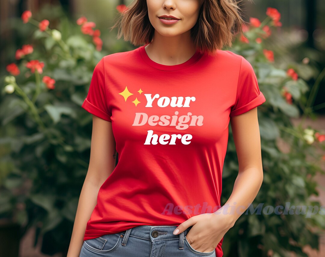Red Tshirt Mockup, Bella Canva Red Mockup, 3001 Red Mockup, Outdoor