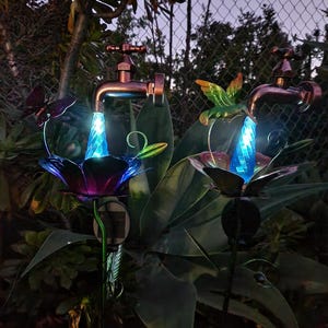 Metall Gartenstecker Spigot Wassertropfen Hinterhofdekor mit Solar-LED-Leuchten, WÄHLEN Stil Bild 1
