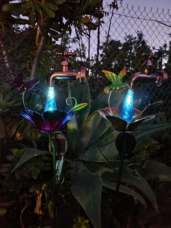 Metal Garden Stake Spigot Water Drop Backyard Decor with Solar LED Lights, CHOOSE Style
