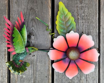 Metal and Resin Hummingbird Flower Wall Decor Fence Home Decor, CHOOSE Color