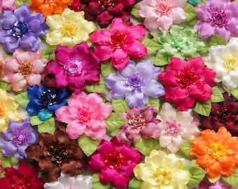 CQA18/S, 1.75" Satin Flowers W/ Leaves and Sequin Center Set of 6, CHOOSE Color