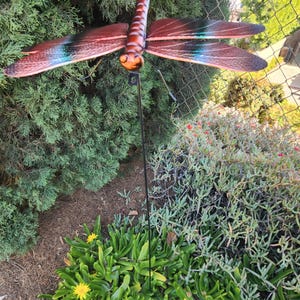 May include: A metal dragonfly garden stake with a brown and copper body and wings. The wings have a gradient of colors, including red, blue, and green. The dragonfly is mounted on a black metal stake, placed in a garden setting.