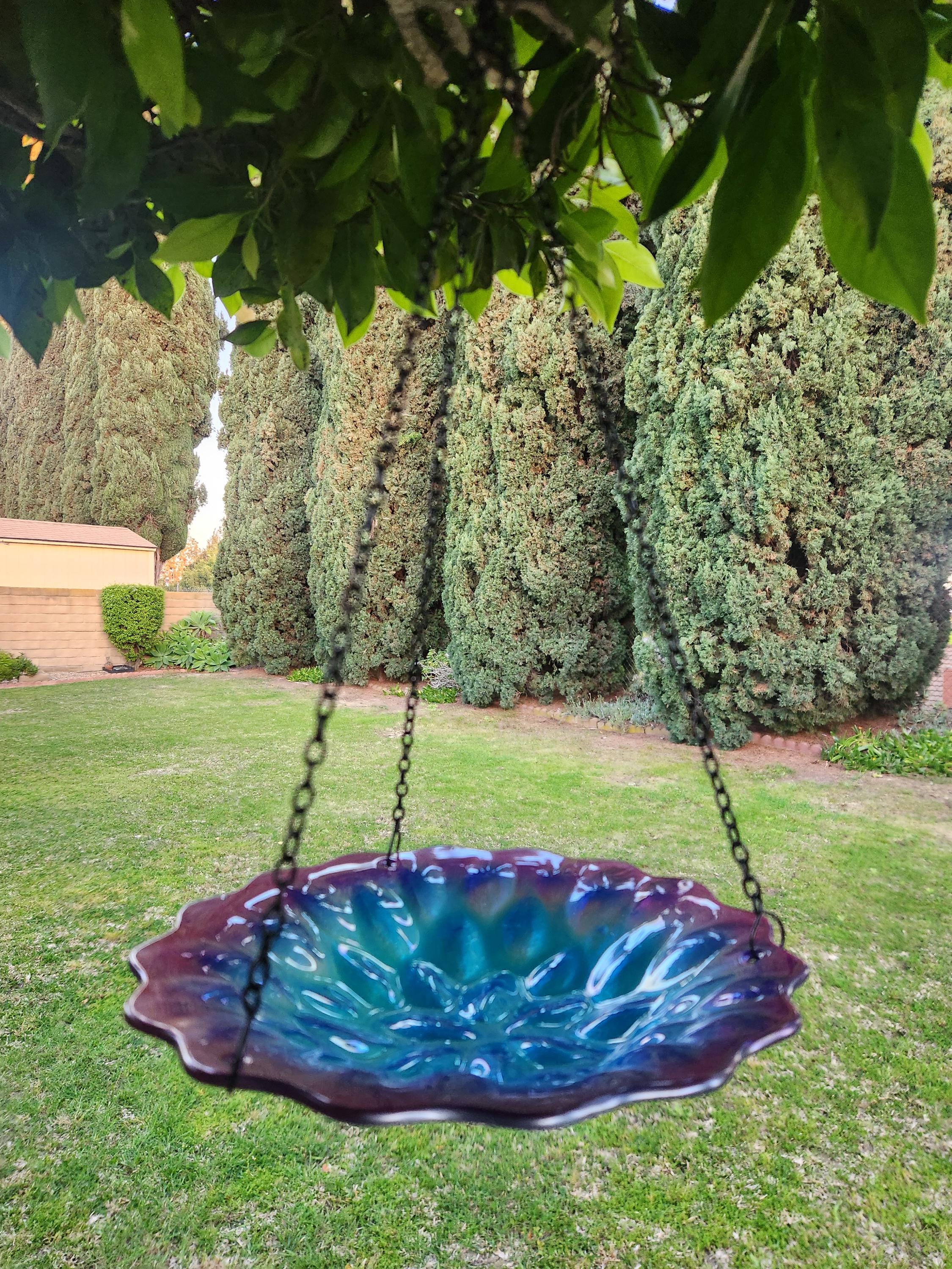 9-Inch Artisan Glass Swirl Bird Feeder, Bird Bath Decor, Embossed Hanging Outdoor Garden Art