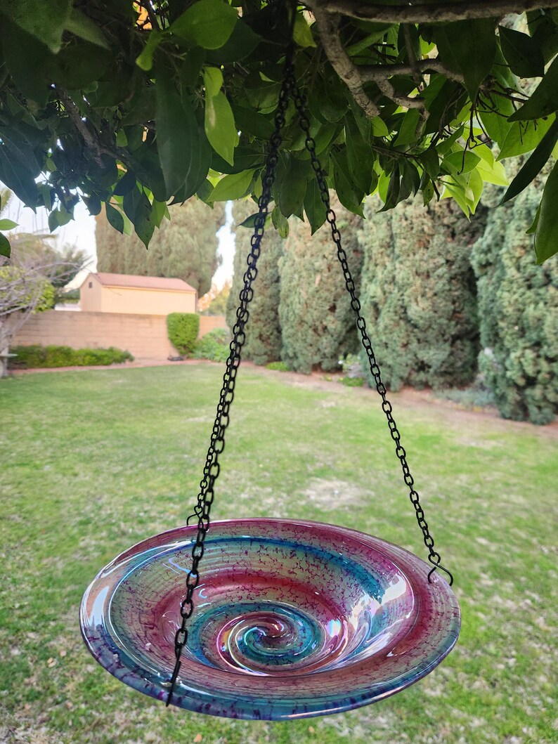9-Inch Artisan Glass Bird Feeder, Bird Bath Garden Decor, Embossed Hanging Outdoor Garden Art