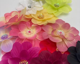 Multi Layers Fabric Flower with Cluster Sequins and Stone Center 4 Inches, CHOOSE Color