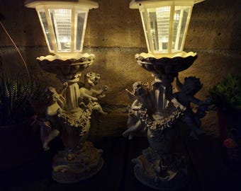 Statua di angelo con lanterna solare bianca, arte da giardino, decorazione da giardino, set da 2