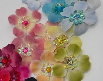 Hand Sewn Flower Petal With Cluster Sequins and Stone Center Craft Applique Floral Set of 6, CHOOSE Color