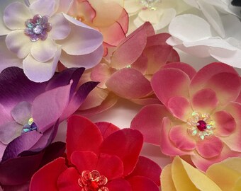 Multi Layers Fabric Flower with Cluster Sequins and Stone Center Set Of 3, CHOOSE Color