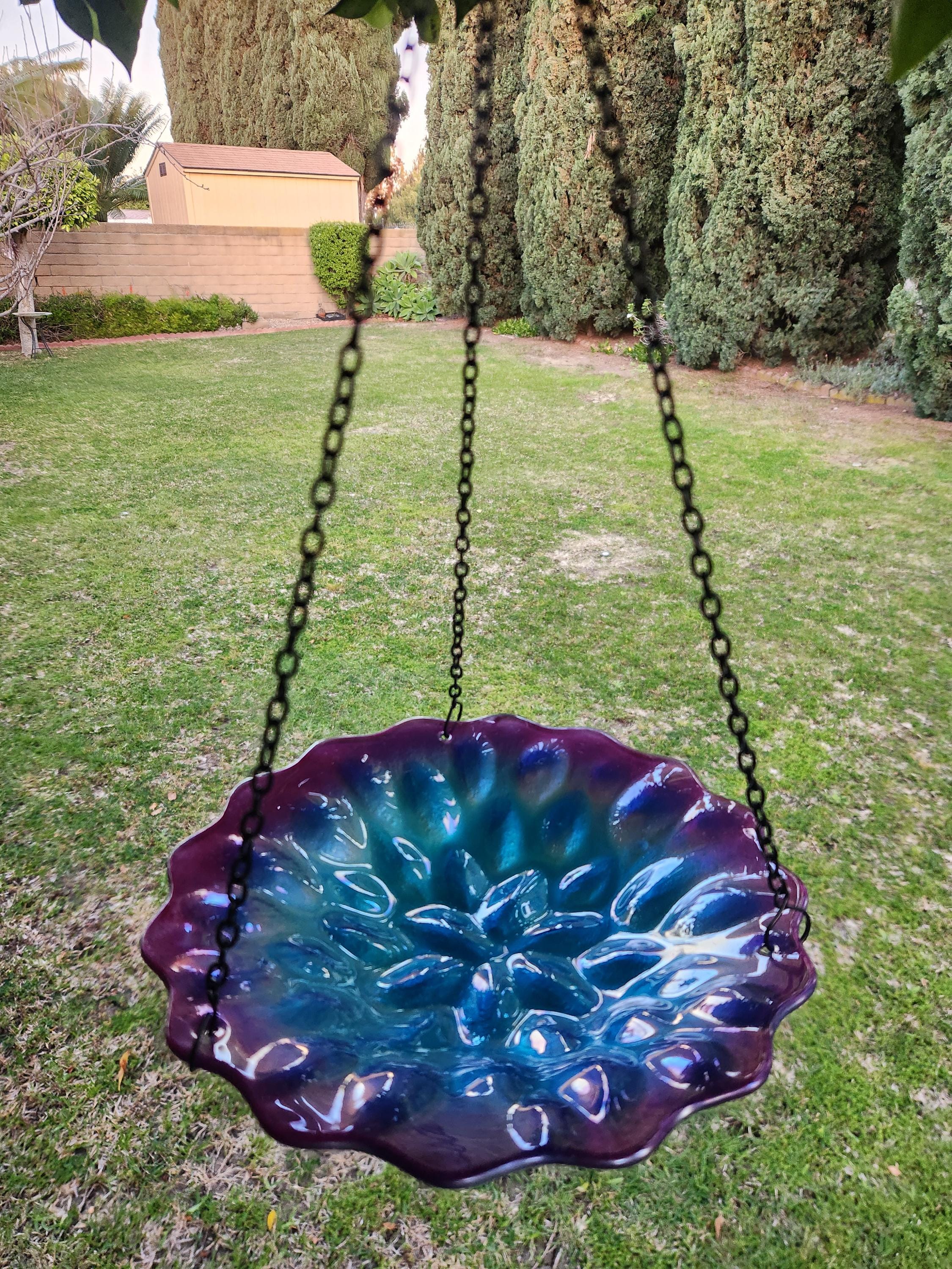9-Inch Artisan Glass Swirl Bird Feeder, Bird Bath Decor, Embossed Hanging Outdoor Garden Art