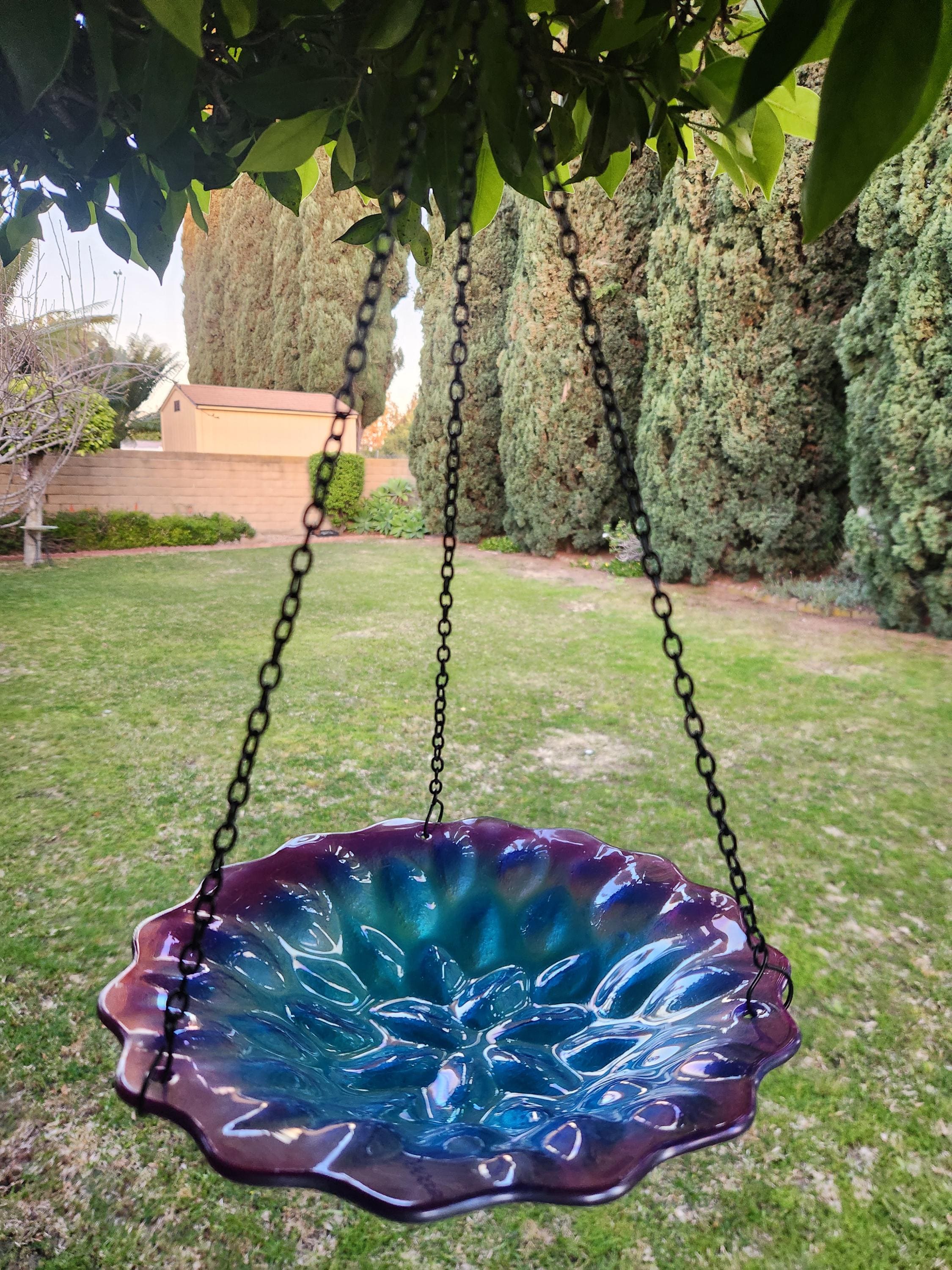 9-Inch Artisan Glass Swirl Bird Feeder, Bird Bath Decor, Embossed Hanging Outdoor Garden Art