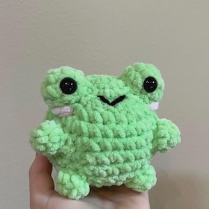 May include: A small green crocheted frog plush toy with black eyes and a pink mouth. The frog is sitting in a person's hand.
