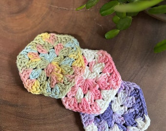 Crochet Multicolor Hexagon Coasters, Set of Crocheted Coasters