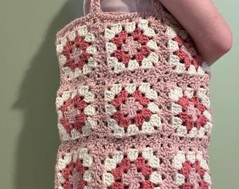 Crochet Pink Tote Bag, Granny Square Crochet Shoulder Bag