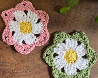 Crochet Daisy Coasters, Set of Crocheted Coasters