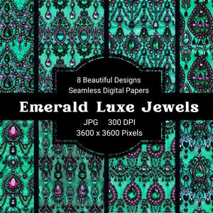 May include: An image showcasing eight seamless digital paper designs. Each design features an ornate pattern of emerald green and black jewels with pink accents. The text reads "Emerald Luxe Jewels" and "8 Beautiful Designs".