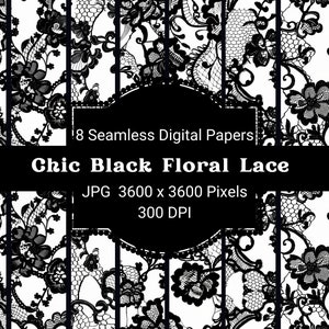 Chic Schwarz Blumenspitze Digitales Papier | Nahtloses Muster | 3600 x 3600 Pixel | Hohe Auflösung 300 DPI zum Basteln, Scrapbooking & Design